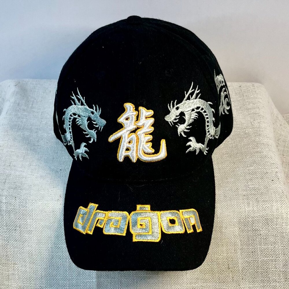 Black Dragon Embroidered Hat – Gold Chinese Symbol, & Silver Dragons design